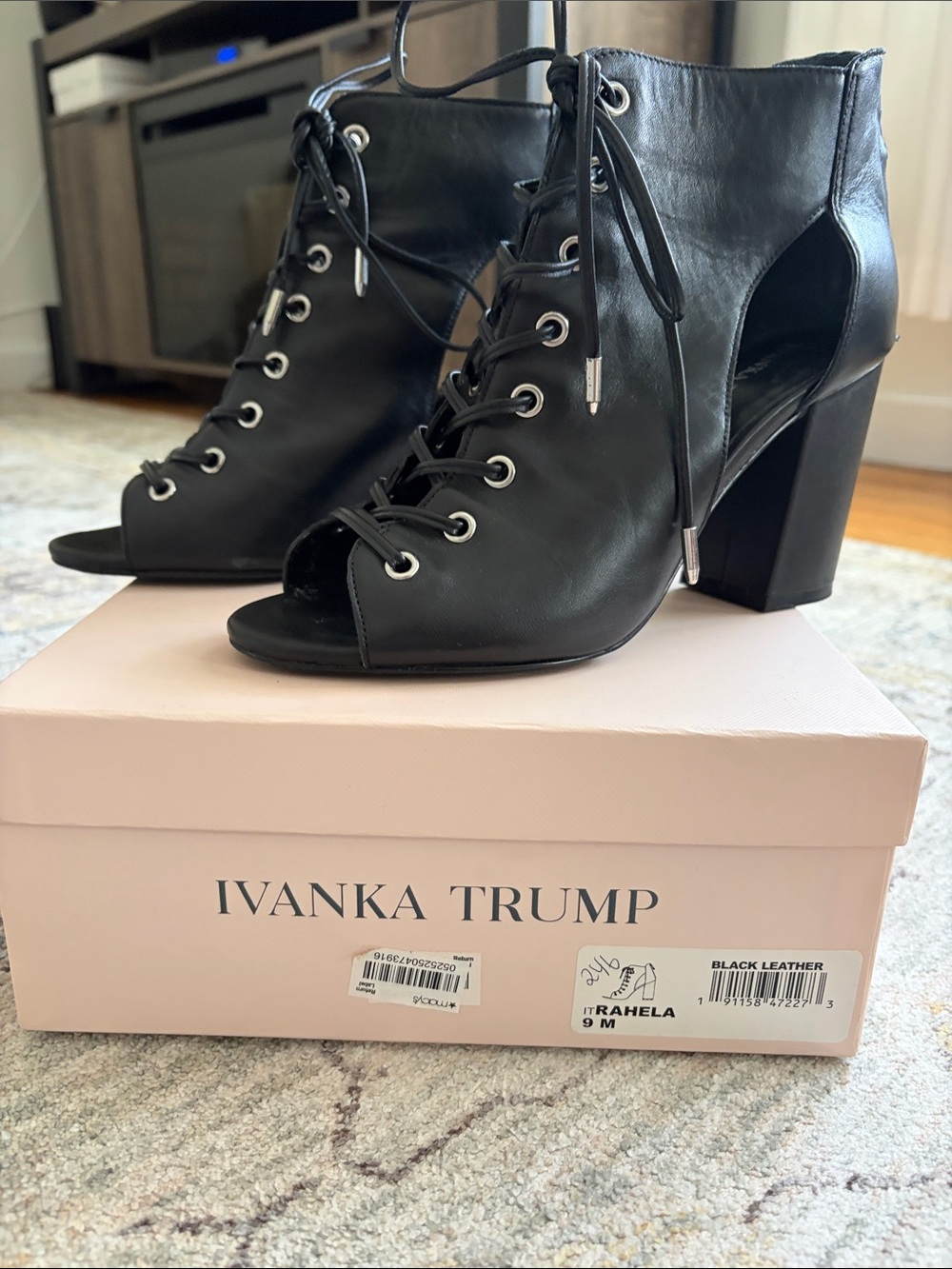 Ivanka Trump Black Leather Lace-Up Peep-Toe Block Heel Boots